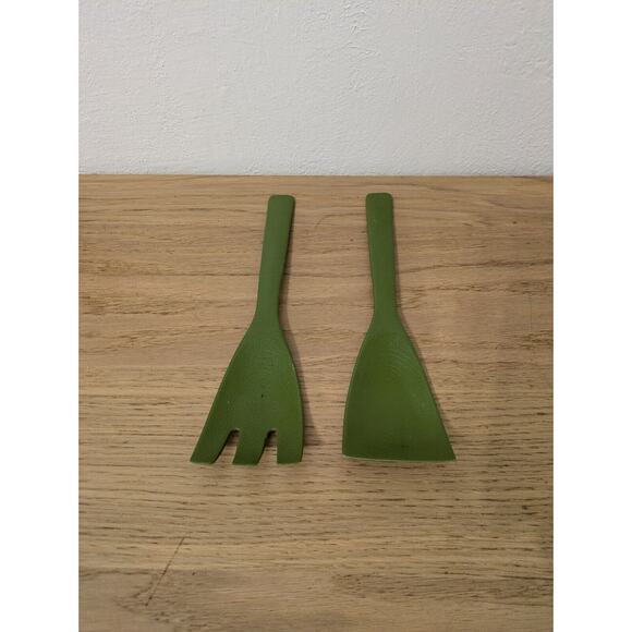 Salad Serving Set Kitchenware Olive Green Fork & Spoon Vintage - Picture 4 of 5